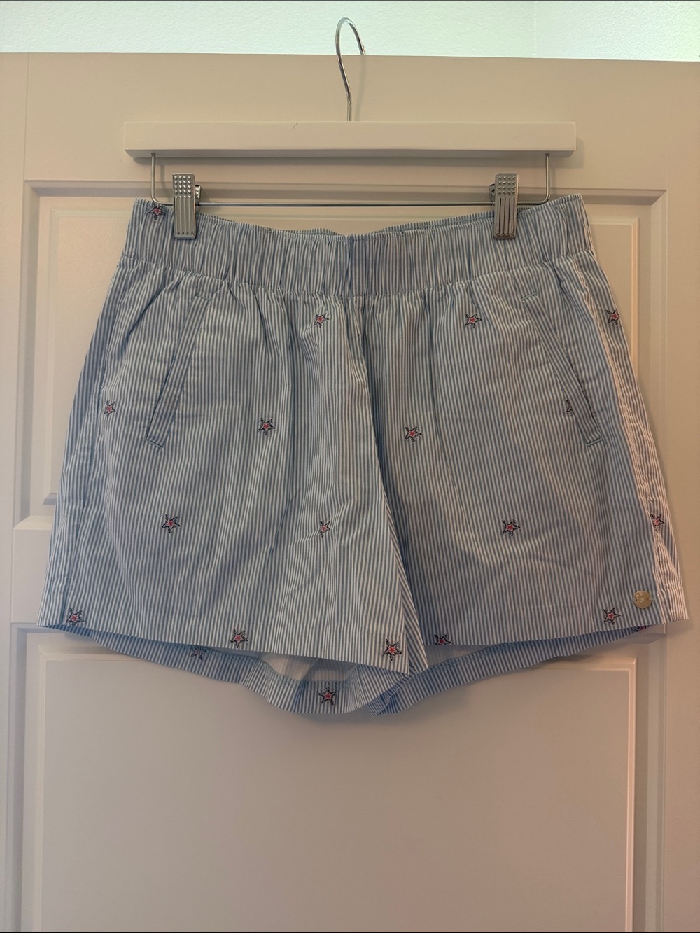 Lilly Pulitzer Light Blue Pinstripe Shorts with Red Star Embroidery